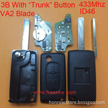 Hot sale products-- Original Citroen FSK 3 button flip remote key with VA2 307 blade (With trunk button) 433Mhz ID46 Chip (Befo